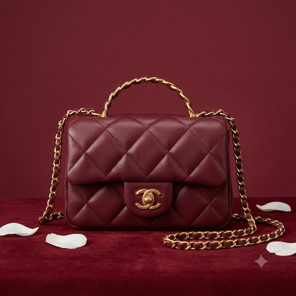 Medium Flap Bag with Top Handle (Burgundy / Deep Red Quilted Lambskin)