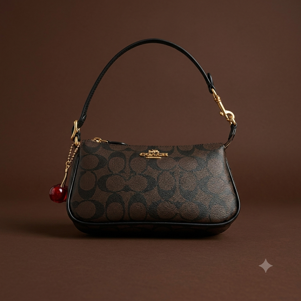 Brown Monogram Baguette Shoulder Bag with Cherry Charm