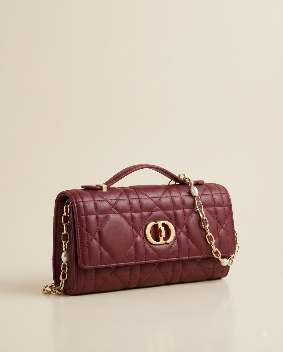 Product Name: Quilted Leather Top-Handle Flap Bag with Pearl Chain Strap