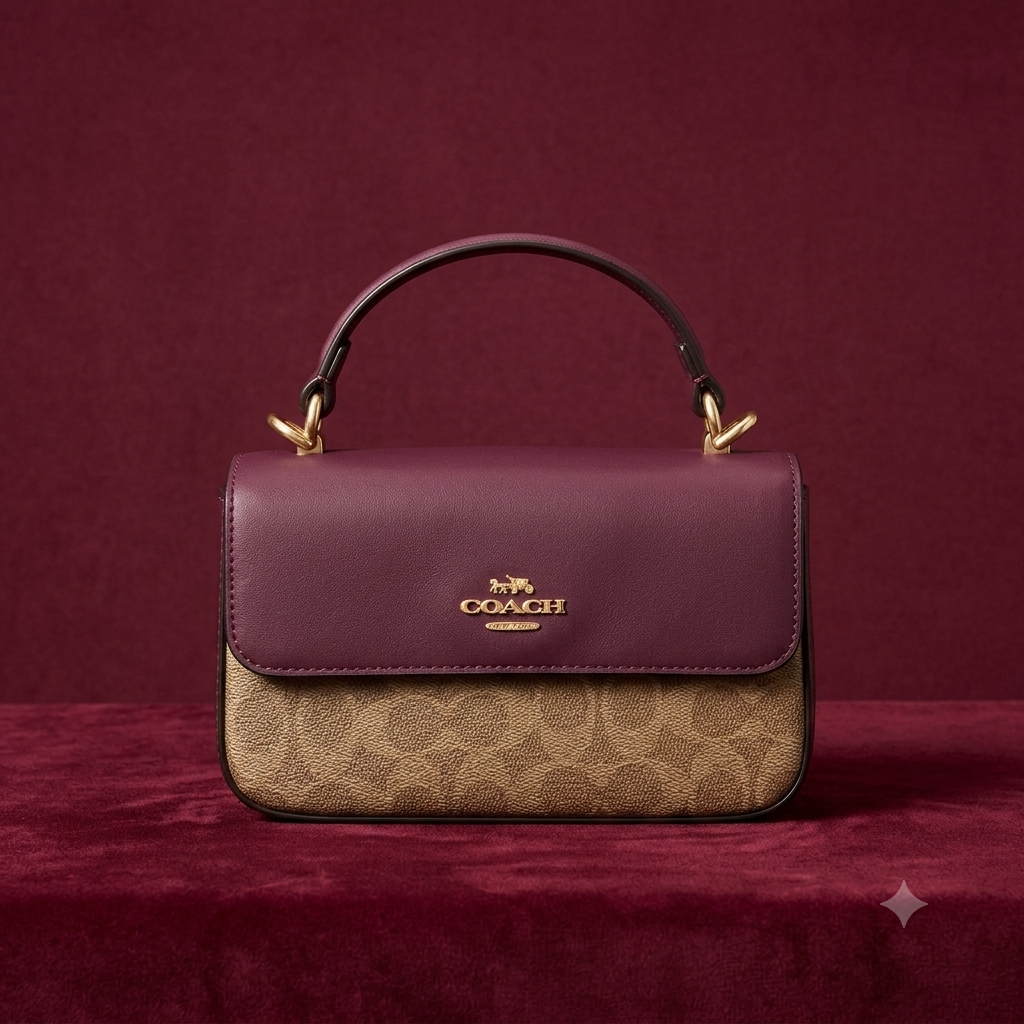 Signature Canvas Top Handle Flap Bag in Burgundy and Tan