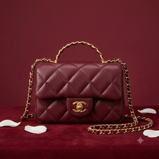 Medium Flap Bag with Top Handle (Burgundy / Deep Red Quilted Lambskin)