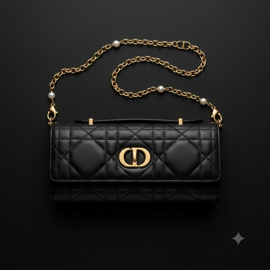 Black Quilted Chain Shoulder Bag with Pearl Accents