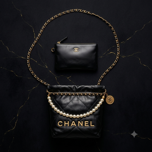 Black Quilted Pearl-Chain Mini Bucket Bag with Pouch